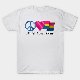 Peace, Love, and Pride design in Pansexual pride flag colors T-Shirt